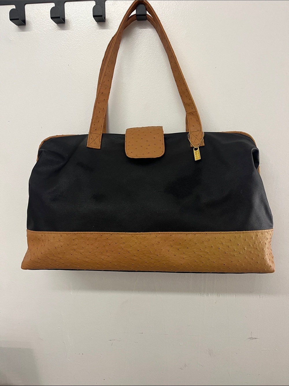 Estee Lauder Black and Tan Two-Tone Tote with faux ostrich trim